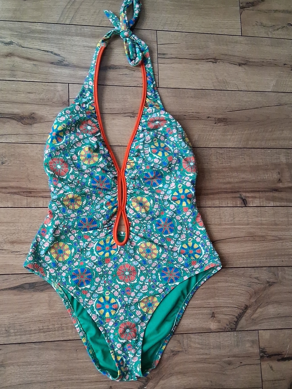 Women's Green Mosaic Halter V Neck One-Piece Swimsuit with Coral Trim Large - Picture 7 of 16